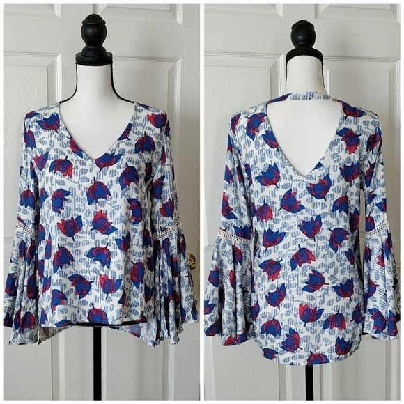 Hazel double v-neck bell sleeves blouse sz S - Picture 1 of 9